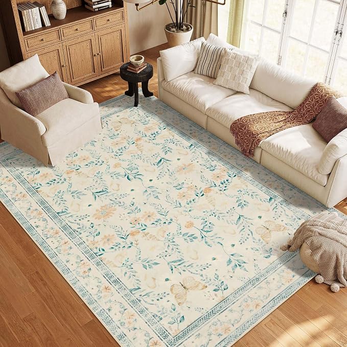 Floral Rug for Living Room Bedroom, 5x7 Washable Rug, Large Non Slip Low Pile - Image 3