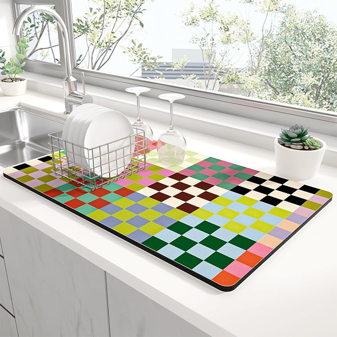 Rnivvi Dish Drying Mat for Kitchen Counter, 12 x 19" Cute Checkered Absorbent by Rnivvi