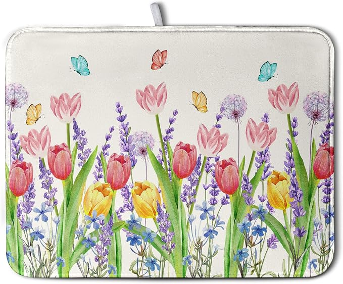 Spring Floral Dish Drying Mat for Kitchen Counter Tulip Lavender Flower Dishes by Wnoesat