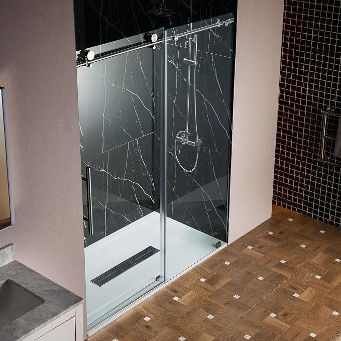 Woodbridge Frameless Single Sliding Shower Doors in Brushed Nickel Finish - Image 14