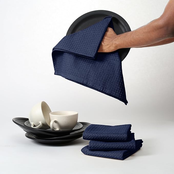 Navy Waffle Kitchen Towels, Quick Drying, 100% Cotton, Machine Washable - Image 7