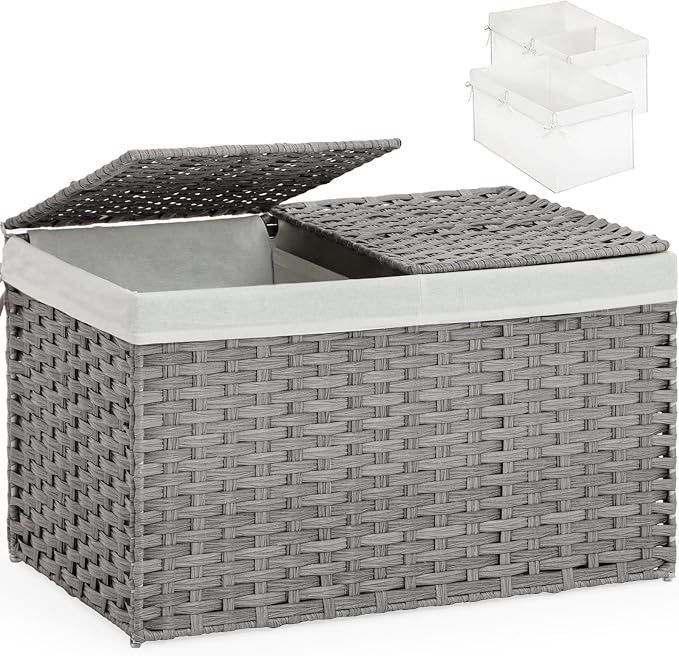 Storage Basket with Lid Rattan, Woven Storage Baskets with 2 Separate Lids by SETVSON
