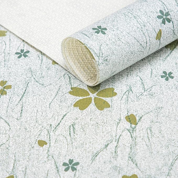 RAY STAR 18X96 Inch Shelf Liner for Kitchen Cabinets, Non-Adhesive Cabinet Liner Washable, PVC Drawer Liner for Dresser Non-Slip Bathroom (Green-Floral)(5 Roll)