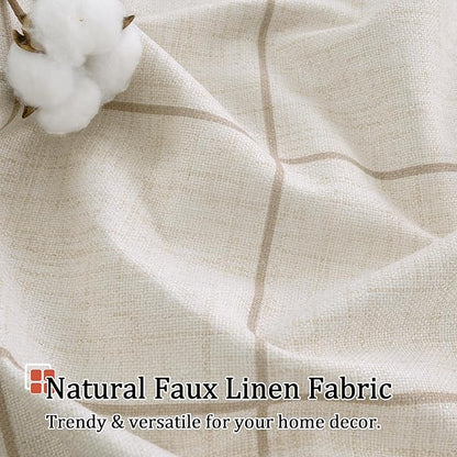 Plaid Curtains Pattern Printed 90 Inches Long - Total Linen Blackout Curtains for Living Room, Boho Cottage Core Grommet Drapes for Farmhouse Thermal Drapery 52x90 Inch 2 Panels, Natural