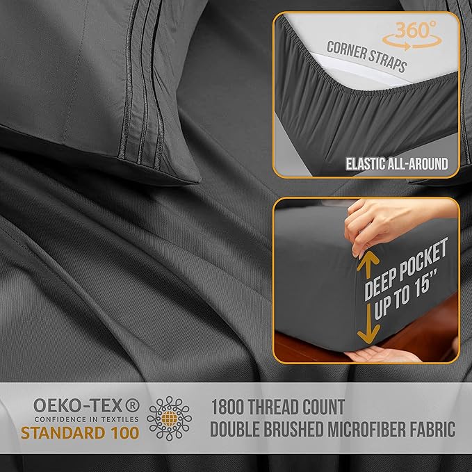 California King Sheet Sets - Luxury Hotel Bed Sheets - Soft Cooling Sheets with Elastic Corner Straps - Deep Pockets Microfiber - Bedding Sheet & Pillowcases - 4 PC (Cal King Size, Gray)