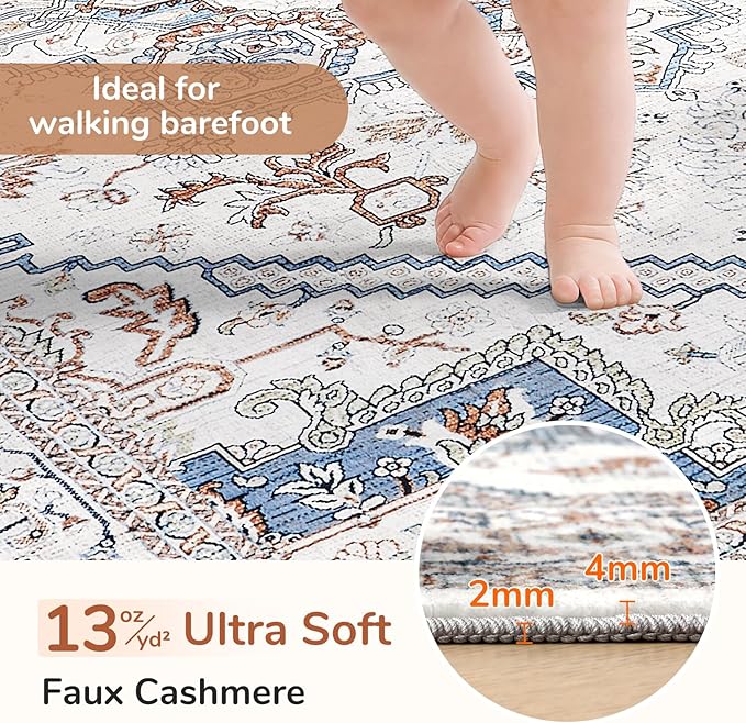 OPPODREAM Thin Throw Rugs 2x3, Small Neutral Washable Entryway Rugs 2 x 3 with Non Slip Backing, Low-Pile Faux Cashmere 2 x 3 Carpet, Cream White & Blue & Light Brown