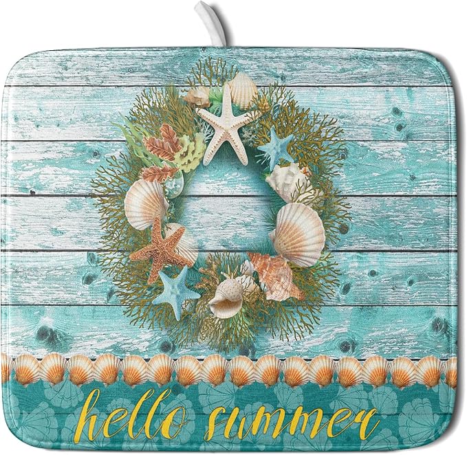 Coastal Wreath Dish Drying Mat 16x18 inch Starfish Shell Absorbent Microfiber by Giwawa