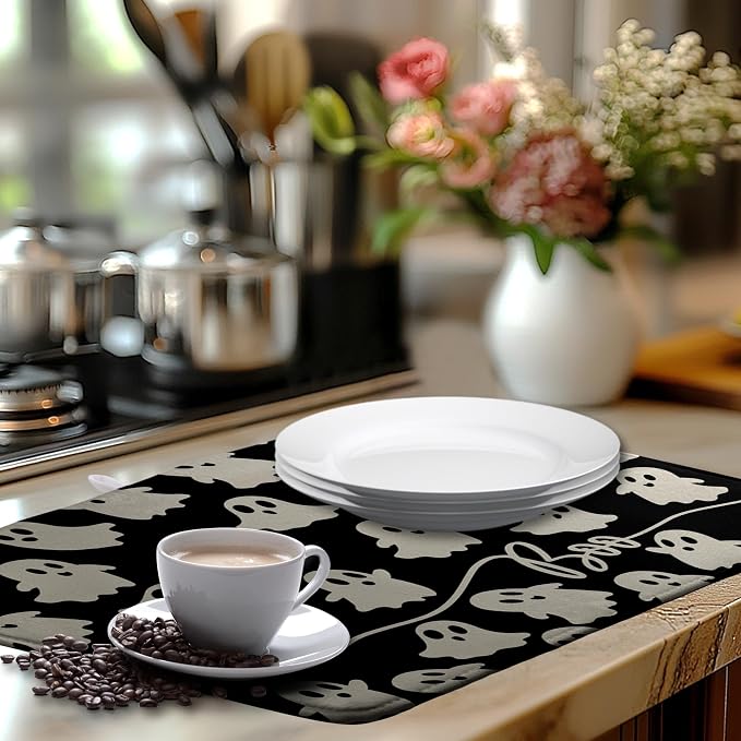 Halloween Ghosts Dish Drying Mat Black and White Large Kitchen Mats Dish Drying - Image 6