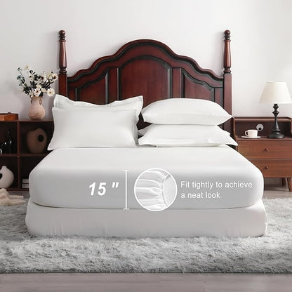NTBAY Queen Comforter Set with Sheets, 7 Pieces Soft and Breathable Queen Bedding Set, Bed in a Bag, Down Alternative Comforter Set Solid Color All Season, Queen Bedding Set, White