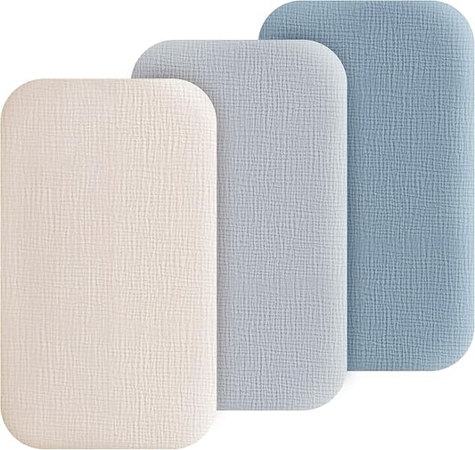 Muslin Bedside Sleeper Bassinet Fitted Sheets, 3 Pack Cotton Baby Sheet for Boys & Girls, Soft, Compatible with Baby Delight, Dream On Me, AMKE and Other Rectangle Mattress (Blue)