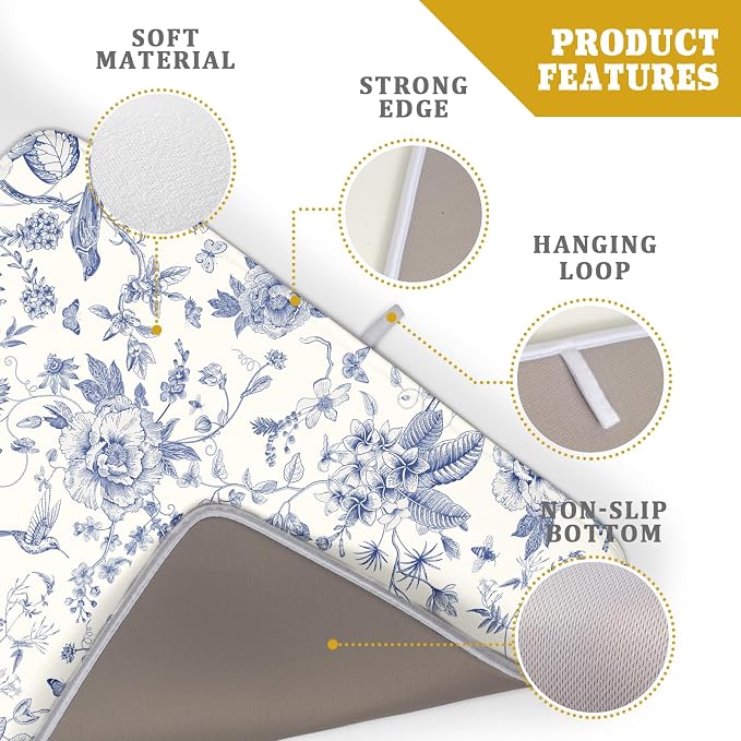 Giwawa Chinoiserie Flower Dish Drying Mat Blue Leaves Dishes Drying Pad - Image 4