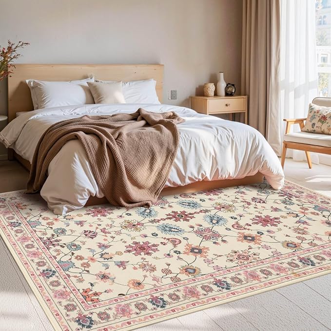 Pink Rug for Living Room Bedroom, Floral 4x6 Washable Rug, Vintage Boho Area Rug - Image 2
