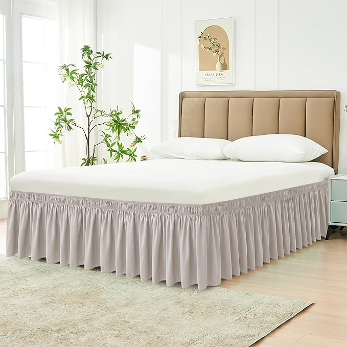 Biscaynebay Wrap Around Bed Skirts for King & Cal King Beds 19" Long Drop, Camel Grey Adjustable Elastic Dust Ruffles Easy Fit Wrinkle Resistant Silky Luxurious Fabric Machine Washable