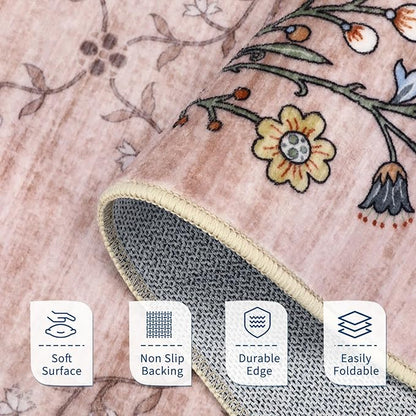 GarveeHome 5x7 Washable Floral Area Rugs for Living Room: Modern Floral Non Slip Large Area Rugs for Bedroom, Large Machine Washable Living Room Low Pile Carpet with Non-Slip Backing Pink 5 ft x7 ft.