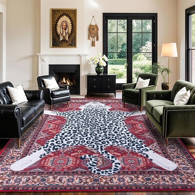 Oriental Leopard Rug 8x10 ft Washable Traditional Red Persian Rug by CILEPMID-TimelessComfort