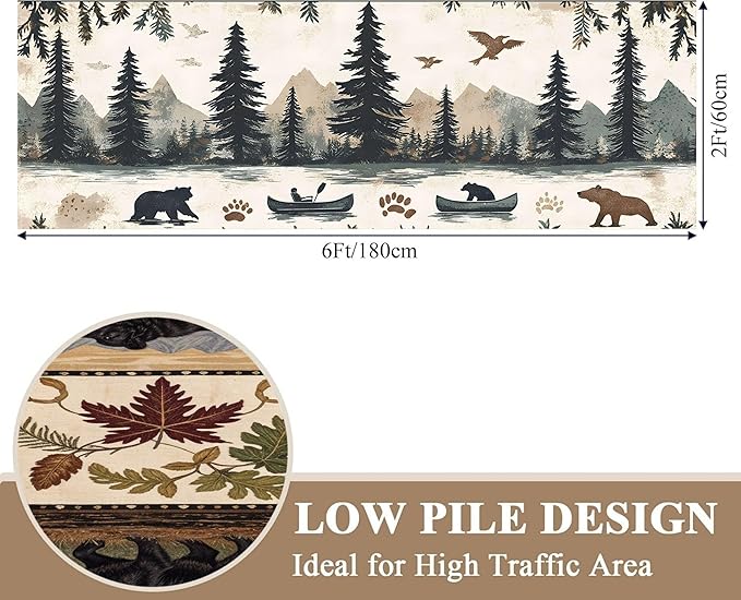 Retro Bear Claw Mountain Runner Rug 3.3x10ft with Elk Cabin - Non-Slip Bohemian Rug, Washable Floor Mat for Balcony Corridor, River Landscape Art
