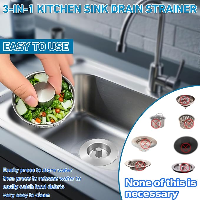 3-in-1 Kitchen Sink Drain Strainer & Stopper, Stainless Steel Food Catcher Plug - Image 3