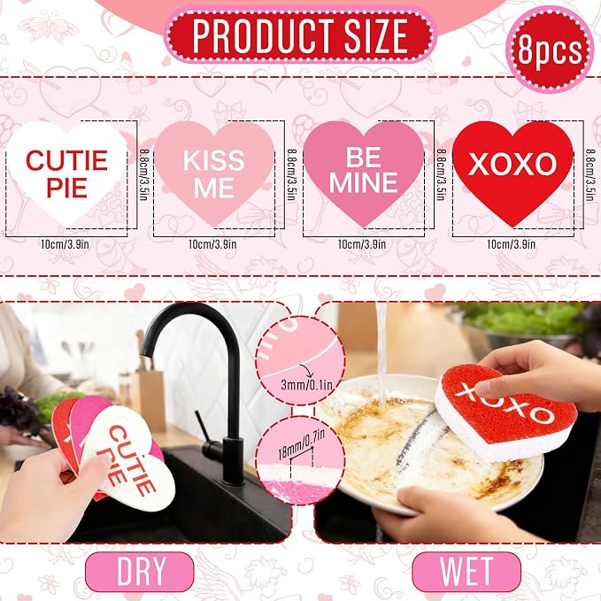 Whaline 8Pcs Valentine’s Day Kitchen Sponges Water Absorbing Dish Washing - Image 2