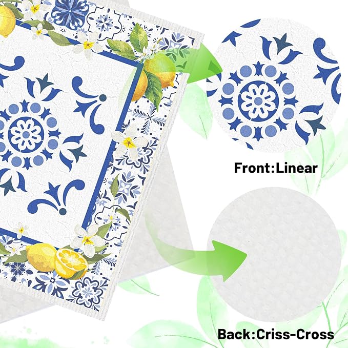Blue Tiles Lemons Swedish Dishcloths, 6 Pack Reusable Swedish Dish Cloths - Image 4