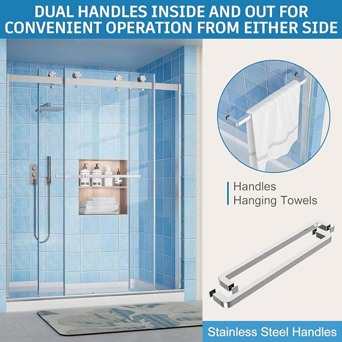 Frameless Shower Door, 56-60" W x 72" H Double Sliding Shower Doors, 1/4" Thick - Image 3