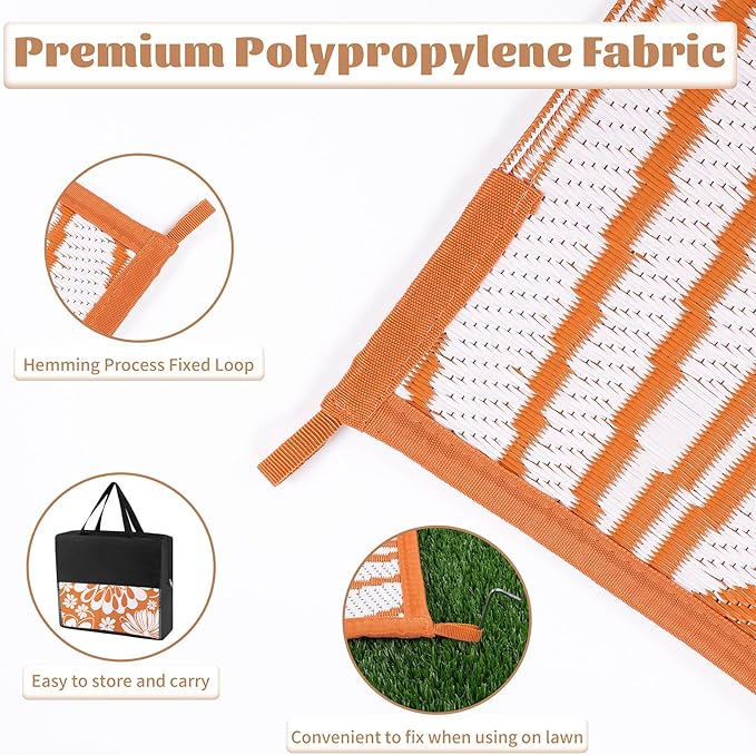Ileading Outdoor Plastic Straw Rug 5x8ft Funny Floral Style Reversible Patio Area Rugs Waterproof Non Shedding Portable Carpets for Rv Outside Deck Pool Beach Picnic Camping (Orange)
