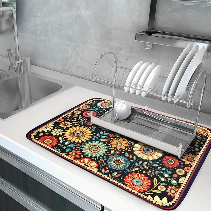Boho Floral Dish Drying Mat for Kitchen Counter Absorbent Microfiber Flowers - Image 5