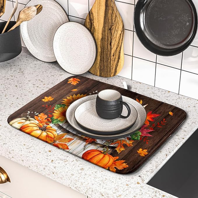 Fall Pumpkin Dish Drying Mat for Kitchen Counter Decor 16x18 Inch Halloween - Image 5