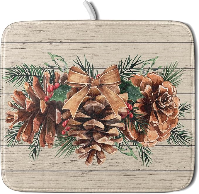 Winter Pine Cone Dish Drying Mat Holly Berries Dish Draining Mat Microfiber by Giwawa