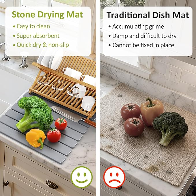 Large Stone Dish Drying Mat for Kitchen Counter, Collapsible Quick Dry Stone - Image 6