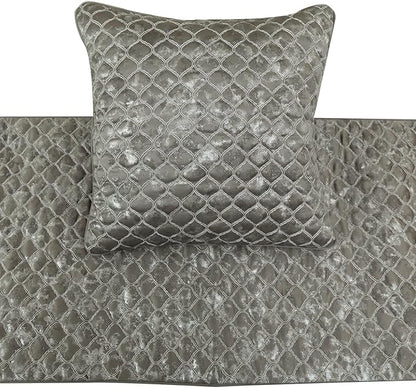 The HomeCentric King/Queen/Twin Grey & Silver Designer Twin 53"x18" Bed Runner with Pillow Cover, Quilted, Foil & Trellis Bed Scarf on Silk Fabric - Jumanah