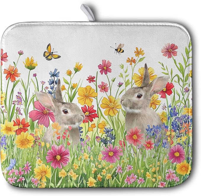 Easter Dish Drying Mat for Kitchen Counter Easter Bunny Flowers Dish Drying Pad by Kwlegh