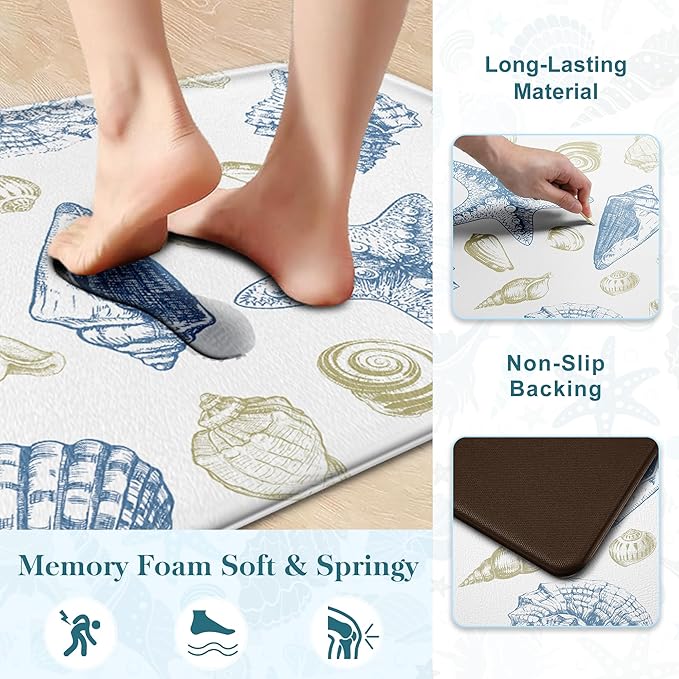 Kitchen Mats for Floor Cushioned Anti Fatigue Sets of 2 Beach Theme Kitchen Rugs Non Slip Waterproof Coastal Foam Kitchen Floor Rug Nautical Seashell Comfort Standing Mat for Sink Laundry, Blue