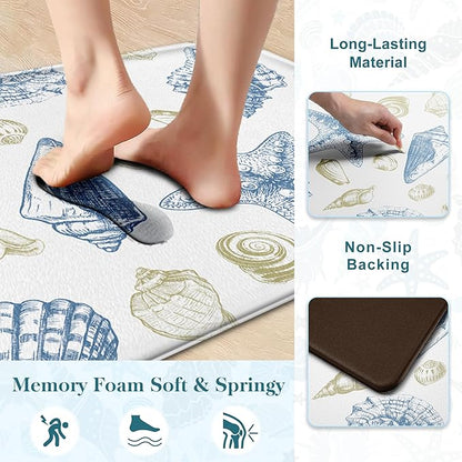 Kitchen Mats for Floor Cushioned Anti Fatigue Sets of 2 Beach Theme Kitchen Rugs Non Slip Waterproof Coastal Foam Kitchen Floor Rug Nautical Seashell Comfort Standing Mat for Sink Laundry, Blue