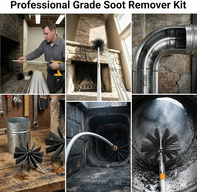 20feet Chimney Sweep Kit with 15 Flexible Rods, Dual Brush Heads - Image 2