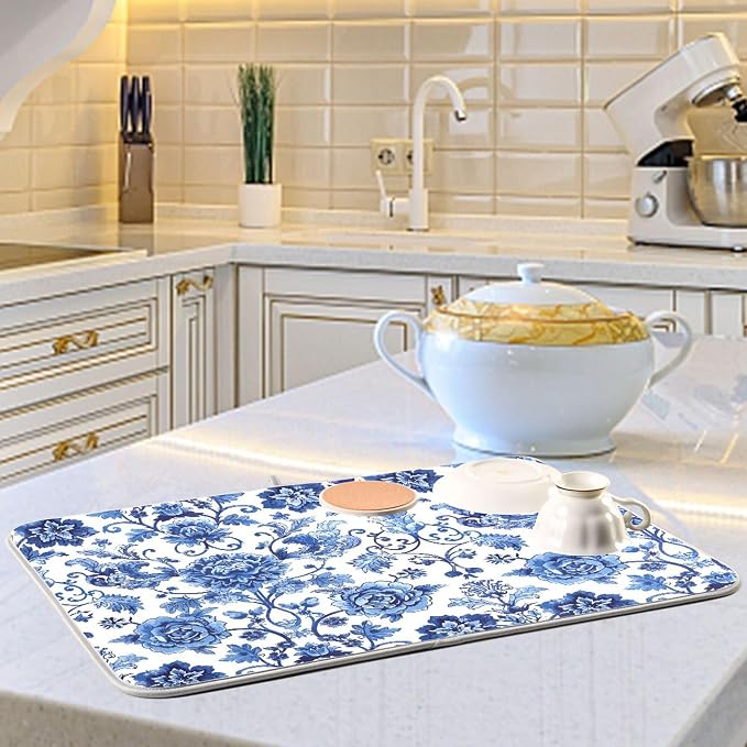 Blue White Porcelain Peony Dish Drying Mat - Image 6