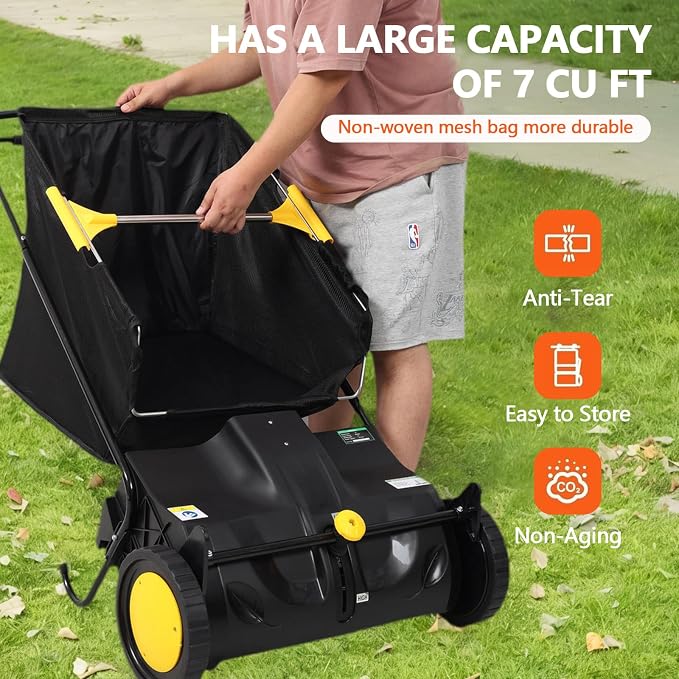 21" Hand-Push Lawn Sweeper | 4 Heavy-Duty Brushes & Wheels, Adjustable Height - Image 3