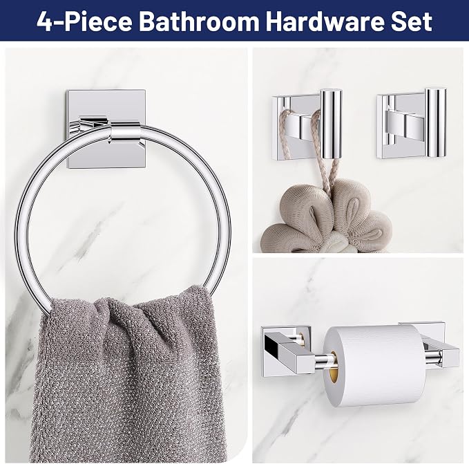Towel Ring Set 4 Piece Bathroom Hardware Set Includes Towel Ring 2 Towel Hooks - Image 2