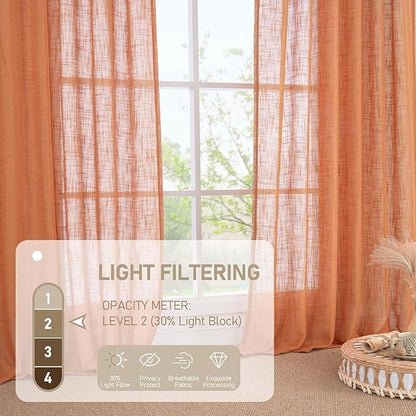 LAMIT 54 Inch Semi Sheer Window Linen Curtains, Light Filtering Panels Back Tab and Rod Pocket Country Decor Drapes for Bedroom/Farmhouse, Burnt Orange, 2 Panels, 34 x 54 Inch