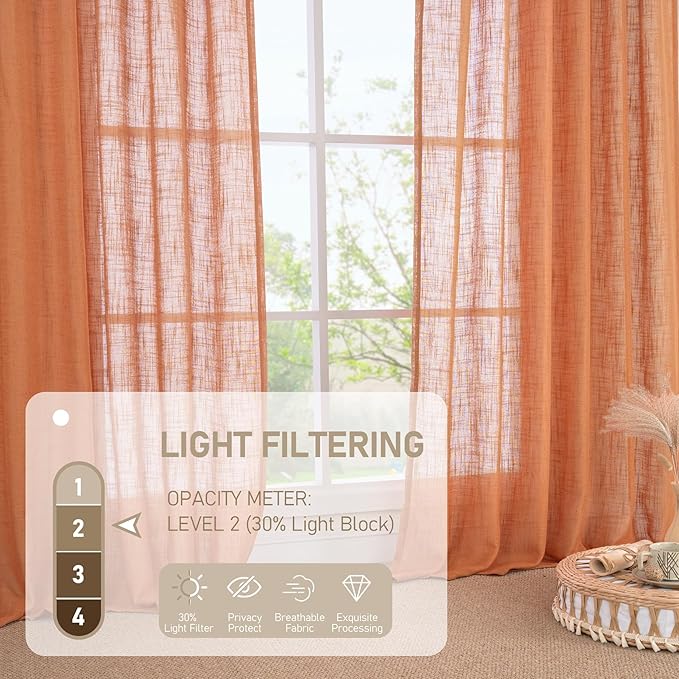 LAMIT 95 Inches Long Linen Curtains for Living Room, Back Tab and Rod Pocket Semi Sheer Curtains Light Filtering Farmhouse Drapes for Bedroom/Dining Room, Burnt Orange, Set of 2, 52 x 95 Inch