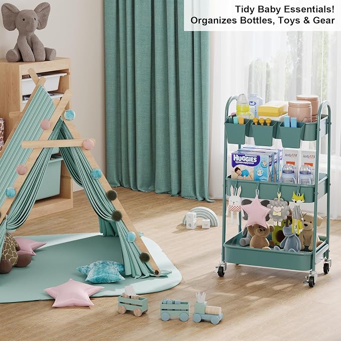 3 Tier Green Metal Rolling Cart - Image 3