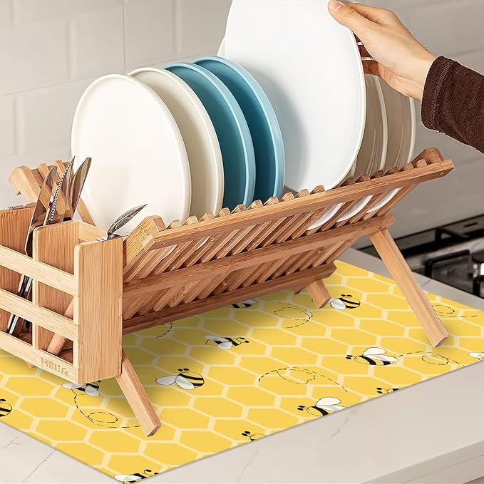 Yellow Bees Dish Drying Rack Mats Decor, Honey Honeycombs Dish Pad Drying Mat - Image 7