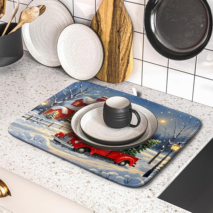 Christmas Dish Drying Mat for Kitchen Counter 16x18 Red Truck Winter Xmas Snow - Image 5