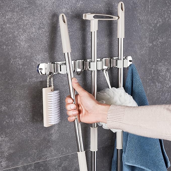 Broom Mop Holder Wall Mount Cleaning Tool holder, Heavy Duty Stainless Steel - Image 3