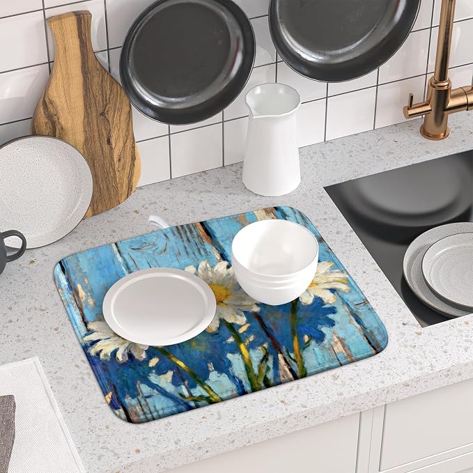 Daisy Floral Dish Drying Mat for Kitchen Counter 16x18 Spring Summer Theme - Image 6