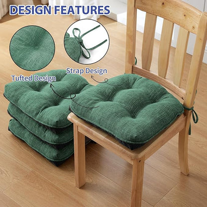 Chair Cushions for Dining Chairs Set of 6, Kitchen Chair Cushions, Chair Pads with Ties Non Slip Backing, Christmas Room Decor, Tufted Memory Foam Seat Cushion 6 Pack, 15.5x15.5x4, Dark Green