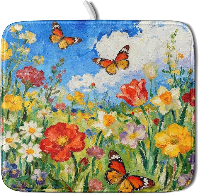 Floral Dish Drying Mat for Kitchen Counter 16x18 Spring Summer Theme Colorful by Aytipun