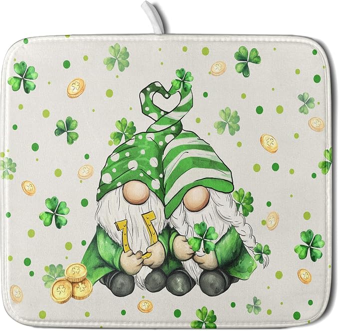 St Patrick's Day Gnome Dish Drying Mat 16x18 inch Lucky Shamrock Absorbent by Giwawa