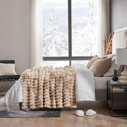 Cozy Bliss Faux Fur Throw Blanket for Couch, Cozy Warm Plush Striped Blanket for Sofa Bedroom Living Room, 60 * 80 Inches Tie-dye Khaki