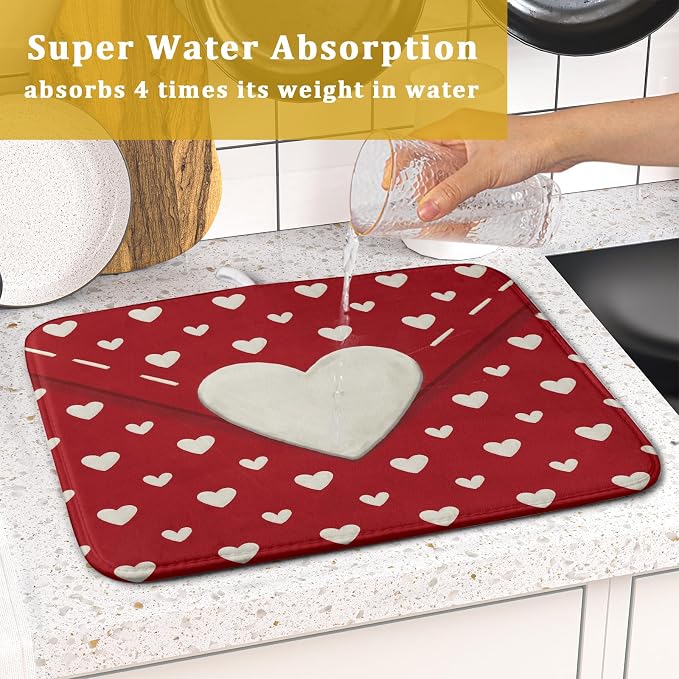 Valentines Day Dish Drying Mat for Kitchen Counter 16x18 Cream Red Love Heart - Image 7
