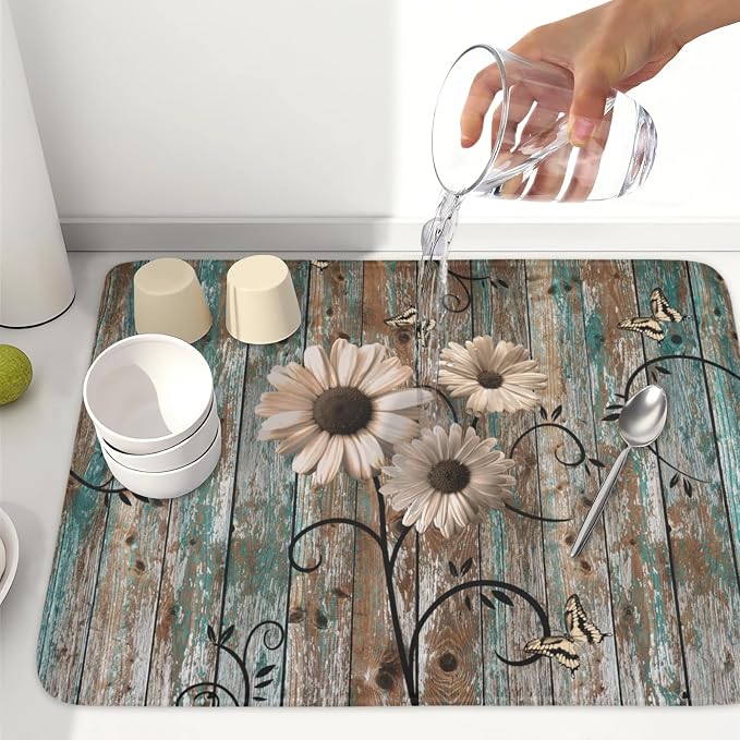 Spring Daisy Dish Drying Mat for Kitchen Counter 18 x 24 Inch Vintage Farmhouse - Image 6